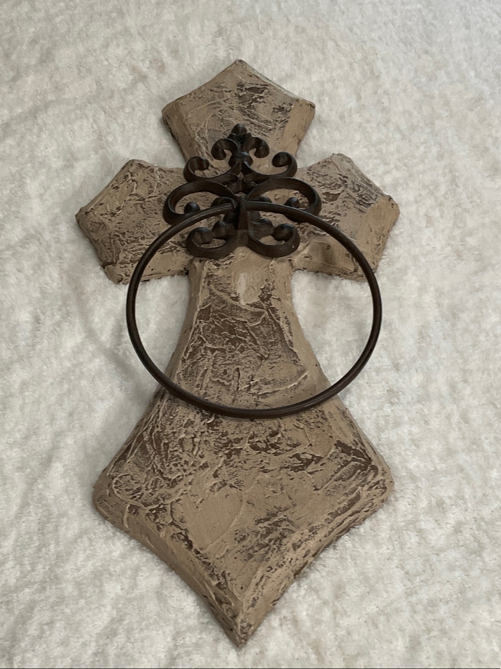 Textured Beige Wall Cross with Dark Bronze Towel Ring